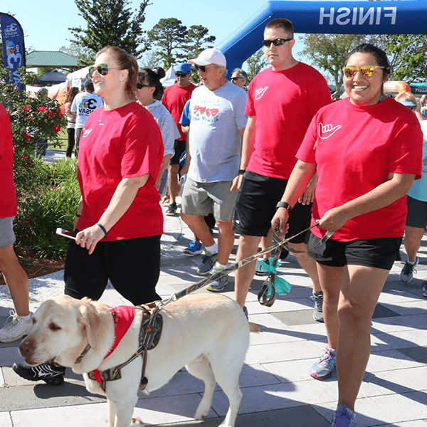 people walking at heart walk with dog